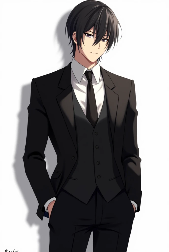Male ideal anime character with black suit
outfit and black shoes and white background