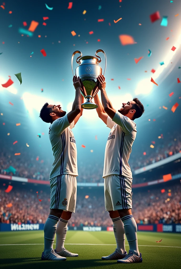 Text that says “Engineering Cup” with a football background with Cristiano Ronaldo dos Santos Aveiro and Messi lifting the Champions League with Real Madrid uniforms. 
