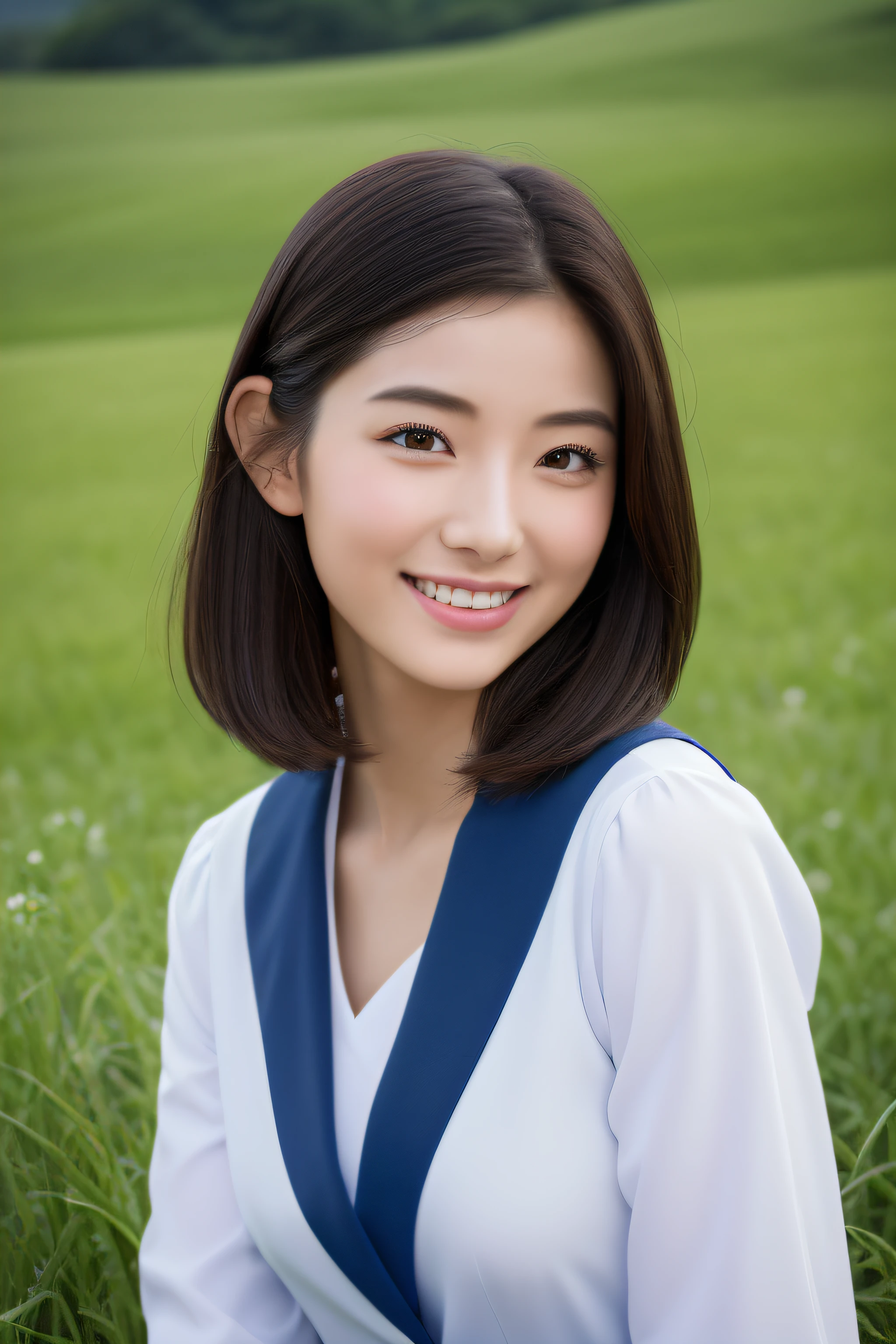 (masterpiece、16k image、high resolution、Highest quality)、(Beautiful and realistic Asian),solo、One Girl、(Japanese girls&#39; high school uniform,perfection)、(perfectionな解剖学,Beautiful hands and feet、Healthy Body、Beautiful Skin)、sunny day、Black-haired、Short-haired、black eye、Rural landscape、Huge boobs:1.5、sun、blue sky、fields、(Hot gaze)、artistic.、Beautiful woman、Beautiful Body、smile、Professional、