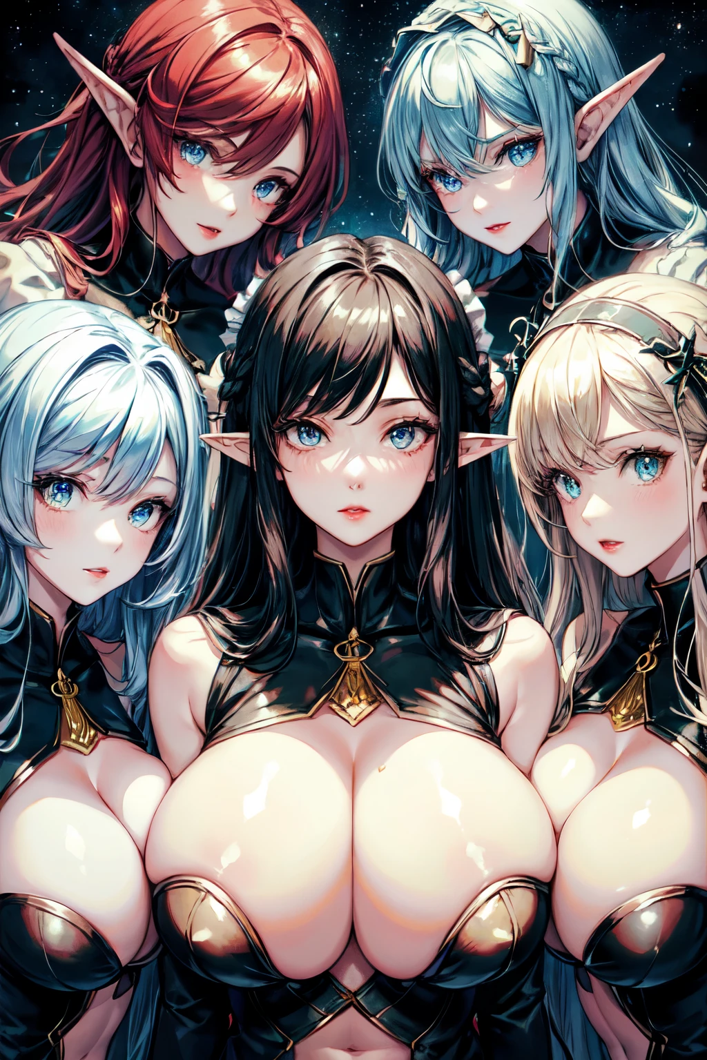 Masterpiece, 4girls, each dressed as a maid. The maids are wearing identical uniforms, beauty and cute, high detailed, dinamic lighting, vivid colours, big breasts, massive cleavage exposed, A giant spacecraft navigating interstellar space, Sophisticated design, huge geometric figures stacked in layers,standing, white skin, blue eyeballs, blonde hair, happys, various hair styles, harem, perfect eye, perfect face, Symmetrical eyes, well-aligned, with a natural and proportionate gaze, Observing their master with a servile gaze, elfs, In the background are spaceships, red lips