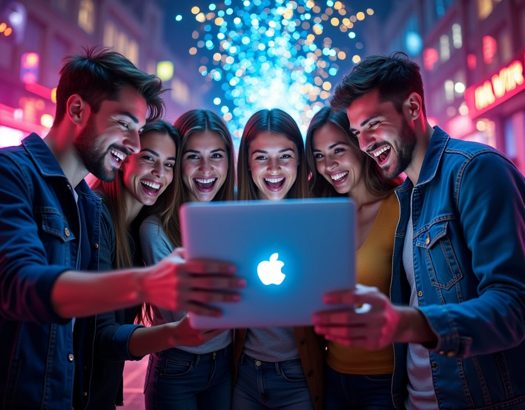 Several handsome young men and women in a circle looking at a Macbook with blue and gold sparkles shooting out of it, with excited expressions. Related backgrounds: online casino, football, lottery, futuristic, real shot, wide angle photo.