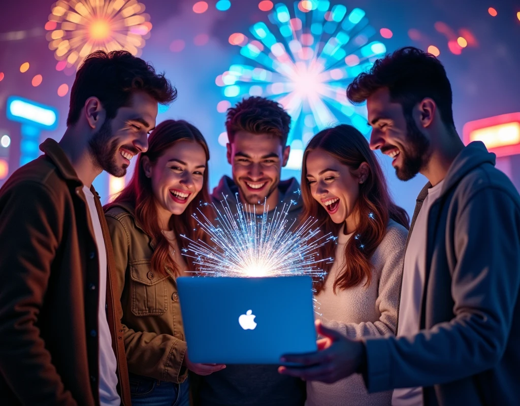 Several handsome young men and women in a circle looking at a Macbook with blue and gold sparkles shooting out of it, with excited expressions. Related backgrounds: online casino, football, lottery, futuristic, real shot, wide angle photo.