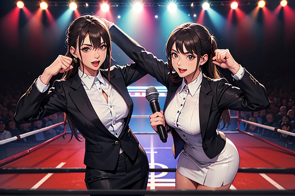 On the boxing ring, (Many viewers:1.3) , (A female presenter wearing a suit, holding a microphone on stage.:1.3) ,
