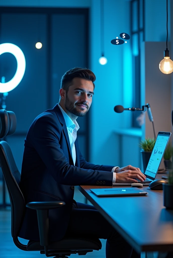 Create a digital illustration of a young male entrepreneur in his late 20s to early 30s, sitting at a modern desk, ready to create a video. He should have a confident and professional appearance, wearing casual business attire like a fitted blazer over a simple shirt. The setting should include a laptop with a camera setup, microphone, and a ring light, highlighting his role as a digital content creator. Surround him with subtle elements like social media icons, dollar signs, and automation symbols to emphasize his focus on digital entrepreneurship and passive income. Use a blue-toned color scheme to align with the 'Instagram CashPilot' brand, reflecting trust and reliability.