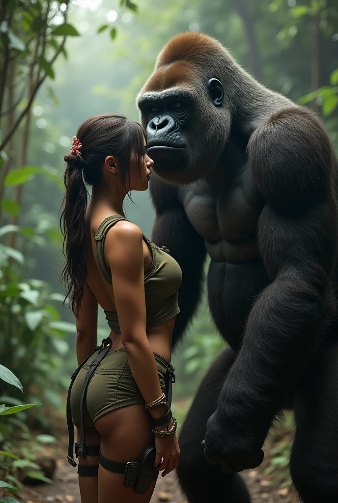 (Lara Croft, large , sparse pubic hair) full body, face fucked ge male gorilla with gorilla penis) in ancruins in the jungle