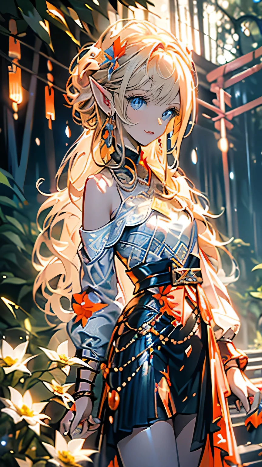 (8k), (masterpiece), (Highest quality), (Super Details), (Awards), (Game illustrations), (A woman in a noble dress, with a greeting face), Lens flare, Shining Light, standing in the forest with flowers, Model shoot, beautiful girl, Elf Girl, (Beautiful Face:0.8), slender blonde, White skin、Curly blonde, (Off the shoulder), (Small breasts), (rain in the background)