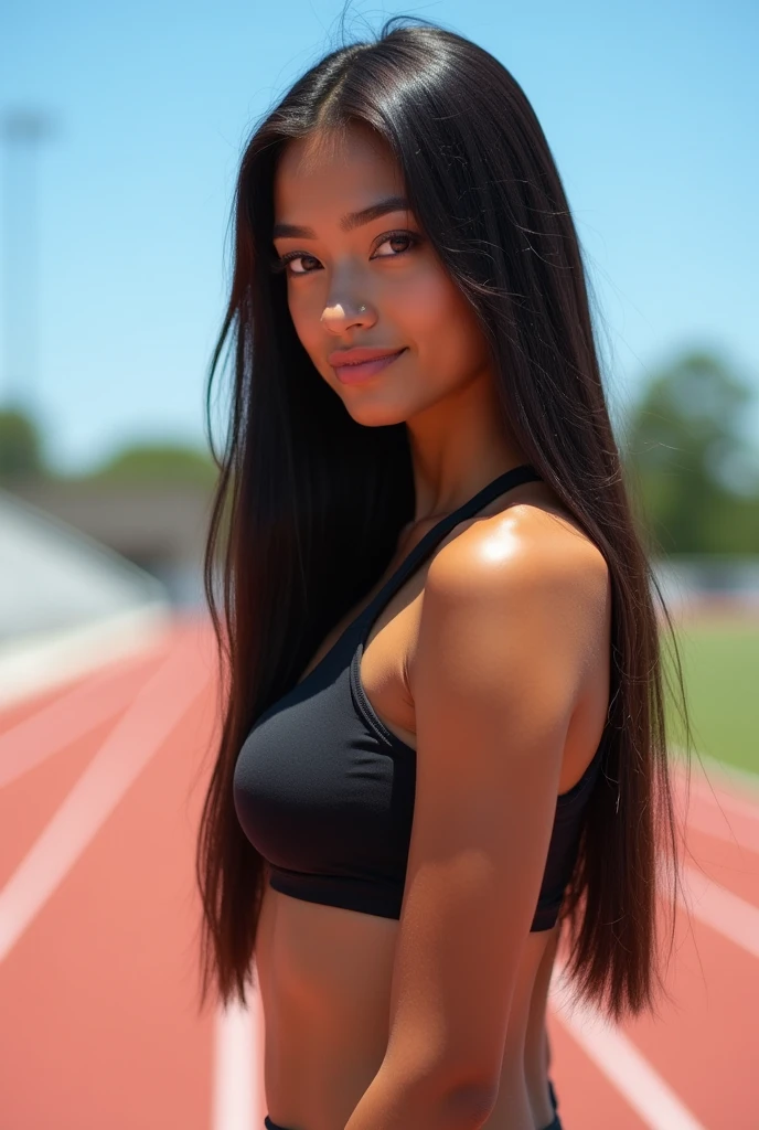 Create a young woman with long, straight hair that reaches her back, with brown skin and brown eyes. Make her an athlete with a toned body, but without appearing overly muscular. Dress her in sportswear that highlights her silhouette, more elegantly, and give her a confident and seductive expression.
