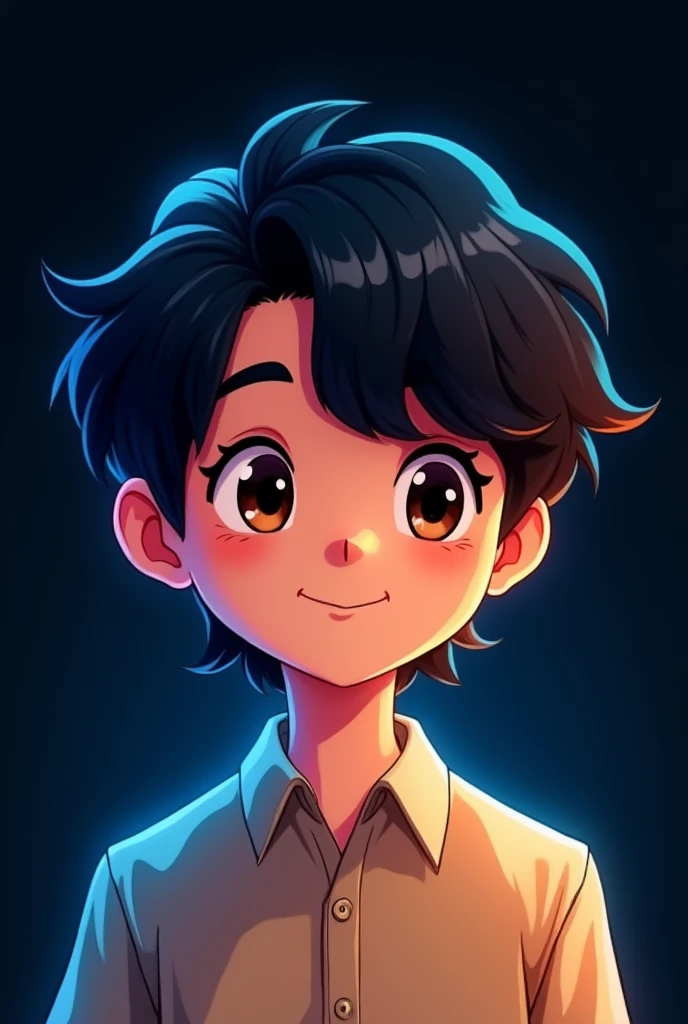 Cartoon style, Glow art, A man , black hair, short shoulder length hair with slightly wavy hair, cartoon style with normal eye proportions, cute and young face shape, Light brown eye color, 17 year old facial proportions, normal and not large nose proportions, brush strokes on the hair, wearing a formal man's shirt with a collar on the neck, light brown shirt, Semi-caricature result with big head and , black color background 45 percent opasity, blue glow art light, hair and shoulder glow art light effect