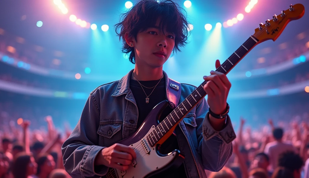 (best quality, masterpiece, ultra detailed, ultra high res, photorealistic, raw photo, absurdres, absolutely resolution), Slow-motion shot: A scene of a age Japanese male idol playing the guitar. His fingers move along with the music.