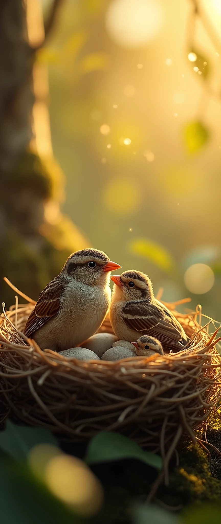 (masterpiece:1.2,Distinguished Quality,Mirror-like,Cinematic Experienc),8k,wallpaper,(A happy sparrow family),(nest),(Particles of light),(Warm Light)
