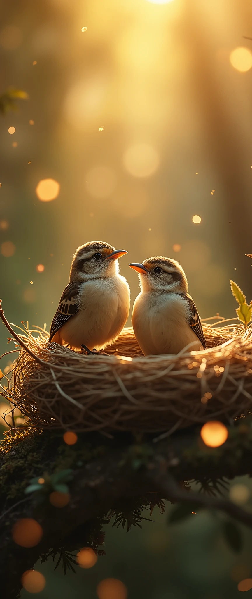 (masterpiece:1.2,Distinguished Quality,Mirror-like,Cinematic Experienc),8k,wallpaper,(A happy sparrow family),(nest),(Particles of light),(Warm Light)