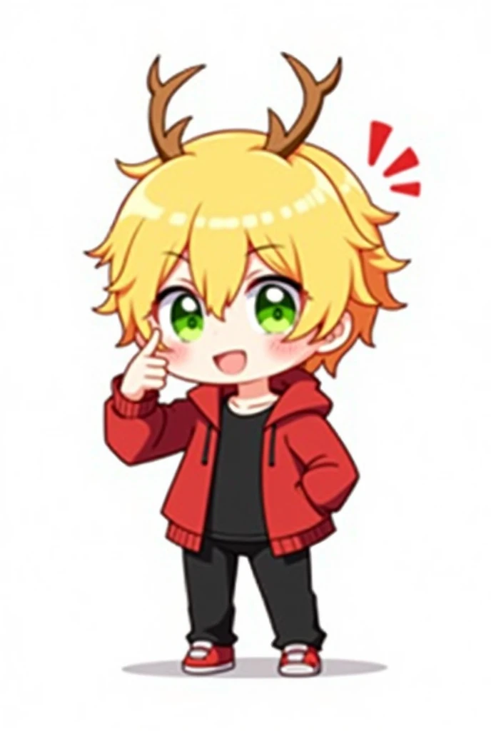 chibi solo, red jacket, antlers, male focus, white background, red footwear, pants, 1boy, full body, simple background, jacket, black shirt, shirt, multicolored hair, looking at viewer, black pants, short hair, shoes, long sleeves, smile, blonde hair, green eyes, red coat, open clothes, index finger raised, bangs, hand up, standing, coat, jewelry, streaked hair, watermark, open jacket