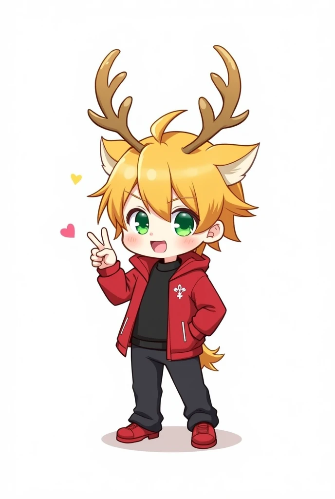 chibi solo, red jacket, antlers, male focus, white background, red footwear, pants, 1boy, full body, simple background, jacket, black shirt, shirt, multicolored hair, looking at viewer, black pants, short hair, shoes, long sleeves, smile, blonde hair, green eyes, red coat, open clothes, index finger raised, bangs, hand up, standing, coat, jewelry, streaked hair, watermark, open jacket