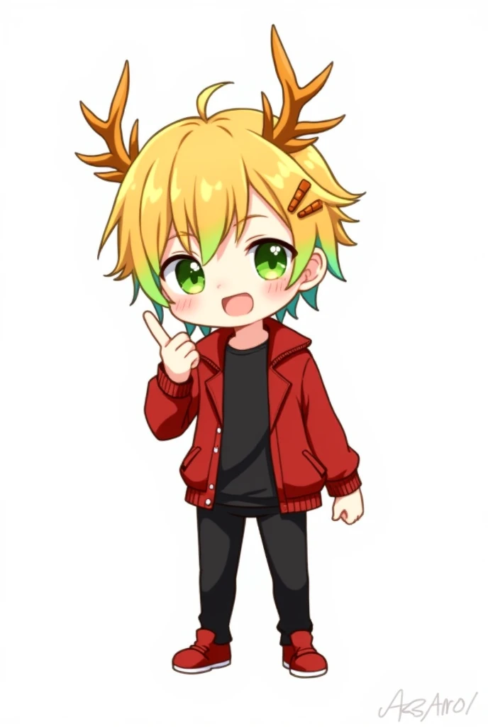 chibi solo, red jacket, antlers, male focus, white background, red footwear, pants, 1boy, full body, simple background, jacket, black shirt, shirt, multicolored hair, looking at viewer, black pants, short hair, shoes, long sleeves, smile, blonde hair, green eyes, red coat, open clothes, index finger raised, bangs, hand up, standing, coat, jewelry, streaked hair, watermark, open jacket