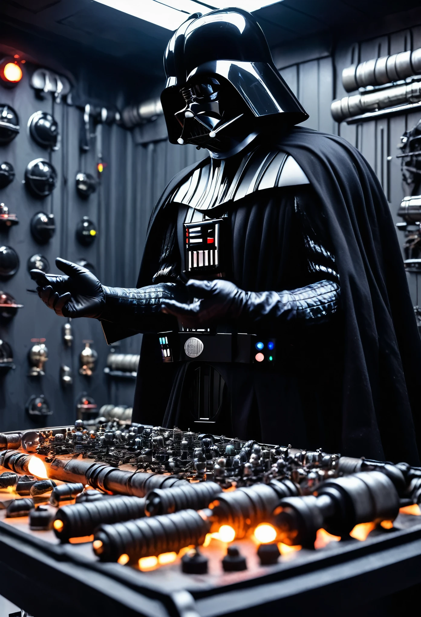Darth Vader is inspecting a tray of torture instruments. Death Star torture room. Close up on the hands. (hand)