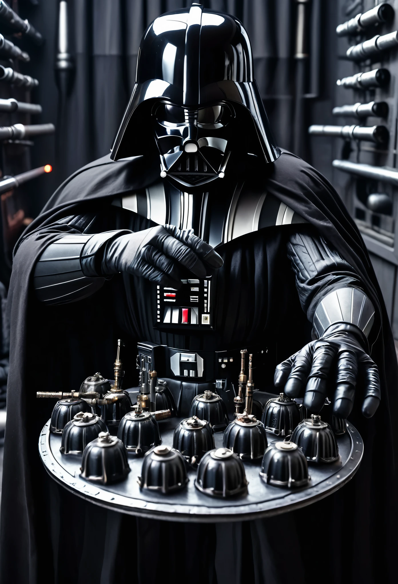 Darth Vader is inspecting a tray of torture instruments. Death Star torture room. Close up on the hands. (hand)