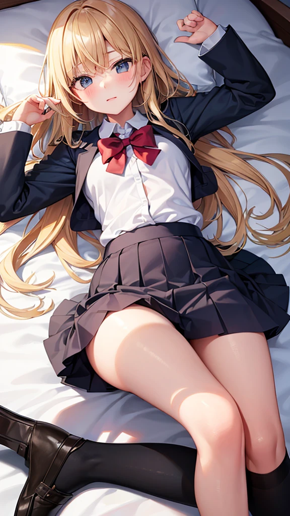 ,cute,bed,uniform,From above,night,Blonde,,schoolgirl,Lying down,Spread your legs,Fantasy World,Alluring、mini skirt