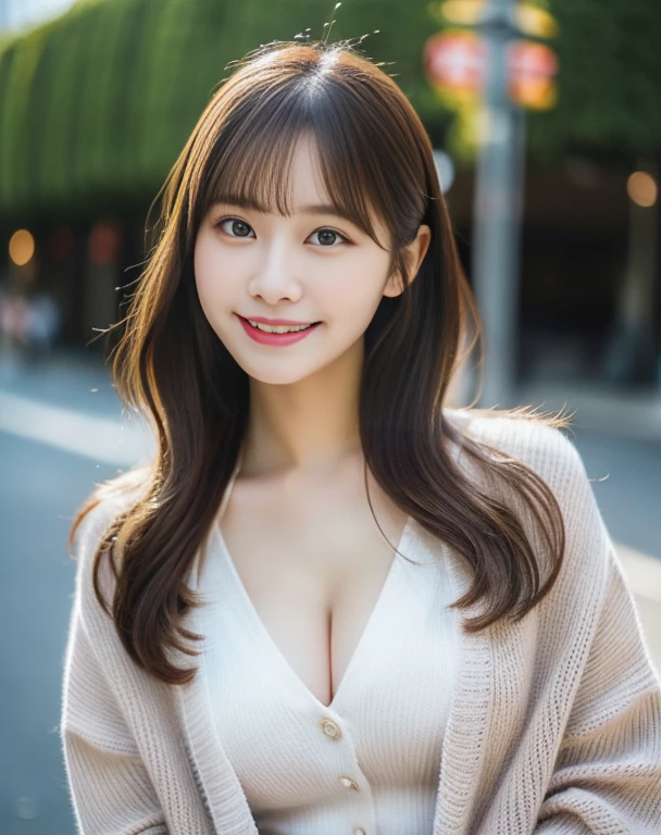 best quality ,masterpiece,ultra high res, very beautiful, kawaii, (photo realistic:1.4), 1girl, Japanese, above the knee, long hair, brown hair, looking at viewer, cleavage, smiling, wearing cardigan, outdoors, Cinematic, 35mm lens, f/ 1. 8, accent lighting, 8k,