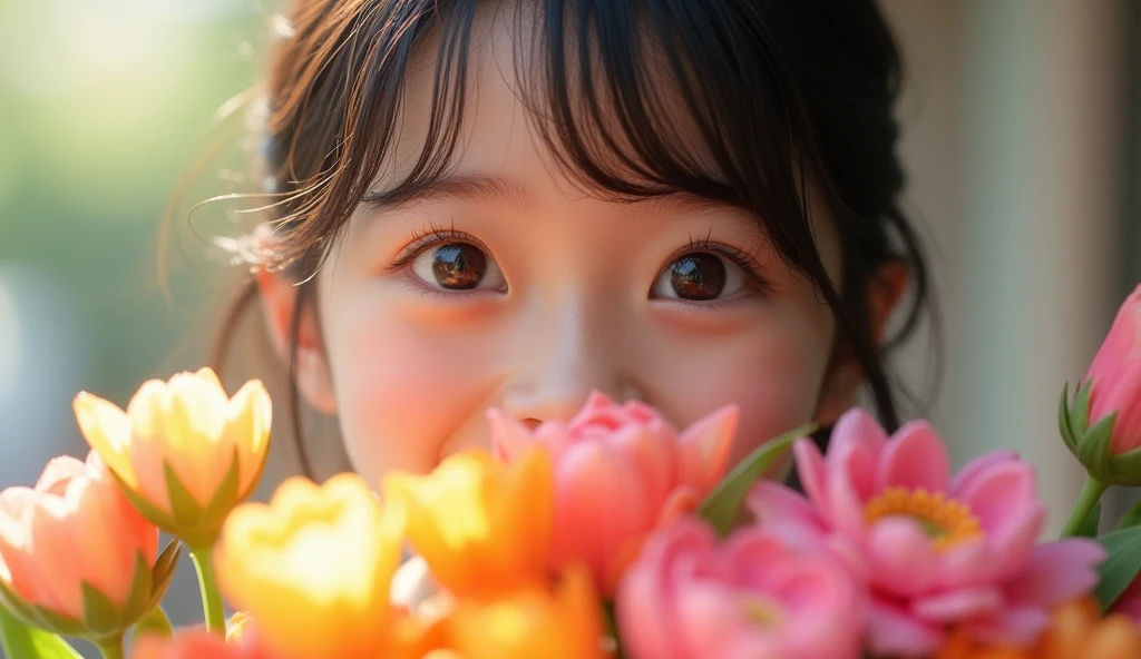 (best quality, masterpiece, ultra detailed, ultra high res, photorealistic, raw photo, absurdres, absolutely resolution), Close-up shot: A scene of a teenage Japanese female idol receiving a bouquet of flowers with a surprised expression.