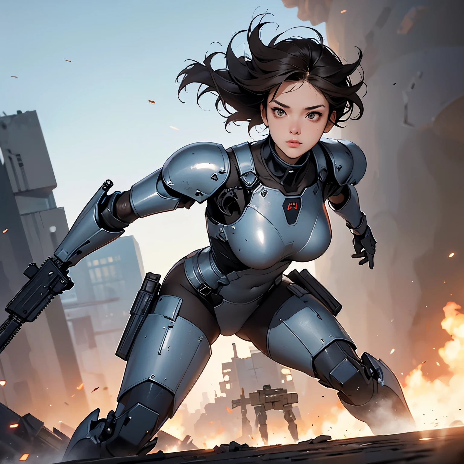 nsfw, anime screencap, 16K, perfect anatomy proportion body, perfect hands, action, A dynamic composition with a sense of speed and movement, (Hold an assault rifle:1.6), a wife, 40age, perfect beautiful delicate sexy face, perfect beautiful delicate eyes, brown hair, short bob hair, gigantic tits, abs, Steel steam engine heavy armored full armor powered suit, Many heavily armored robot soldiers are engaged in a firefight in the background., Flying bullets, Ruined ancient city, war, Post-apocalyptic,