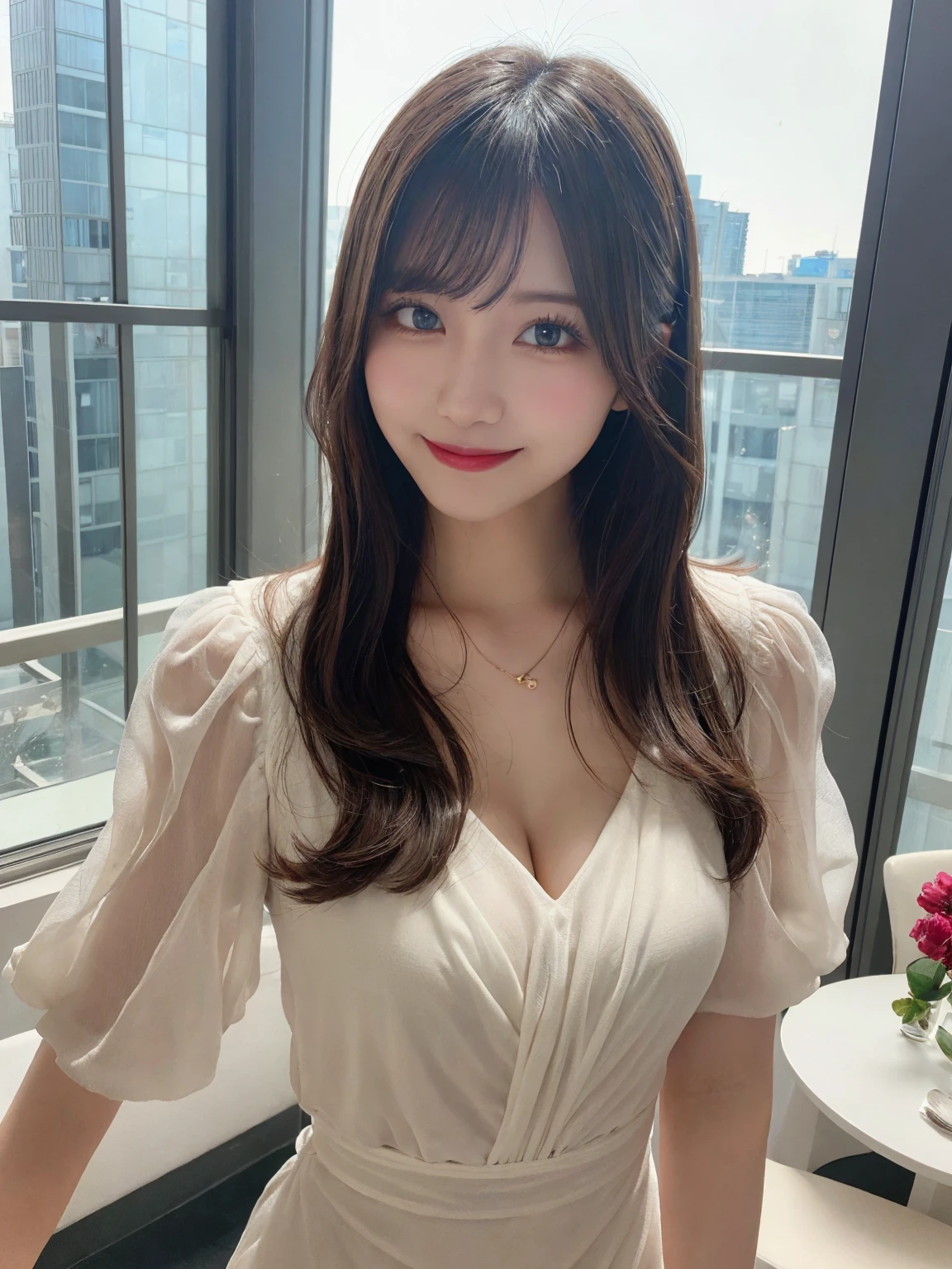 Tabletop, Highest quality, figure, Very detailed, In detail, High resolution, 8k wallpaper, Perfect dynamic composition, Beautiful attention to detail, dress,Medium Hair, Center of chest, Natural color lip, Random sexy poses,smile,Tower apartment