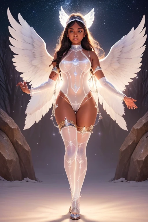 A - yr old nEuropean girl with lovely charminvg face,( brown skin texture masterpiece), (perfect full body detailed anatomy), (Super accessories detailed), (meditating ), (perfect detailed glowing bright eyes),(short  illuminating silver crystalized hair)，((expose big hard erect nipples))(( exposed panty ))(legs wide open showing pussy line)(( Wearing transparent illuminating costume of an angel))，holding a treasure swords (( illuminating different lights covering the sorrounding atmosphere)) Has beautiful large white wings, The character solemnly praying 