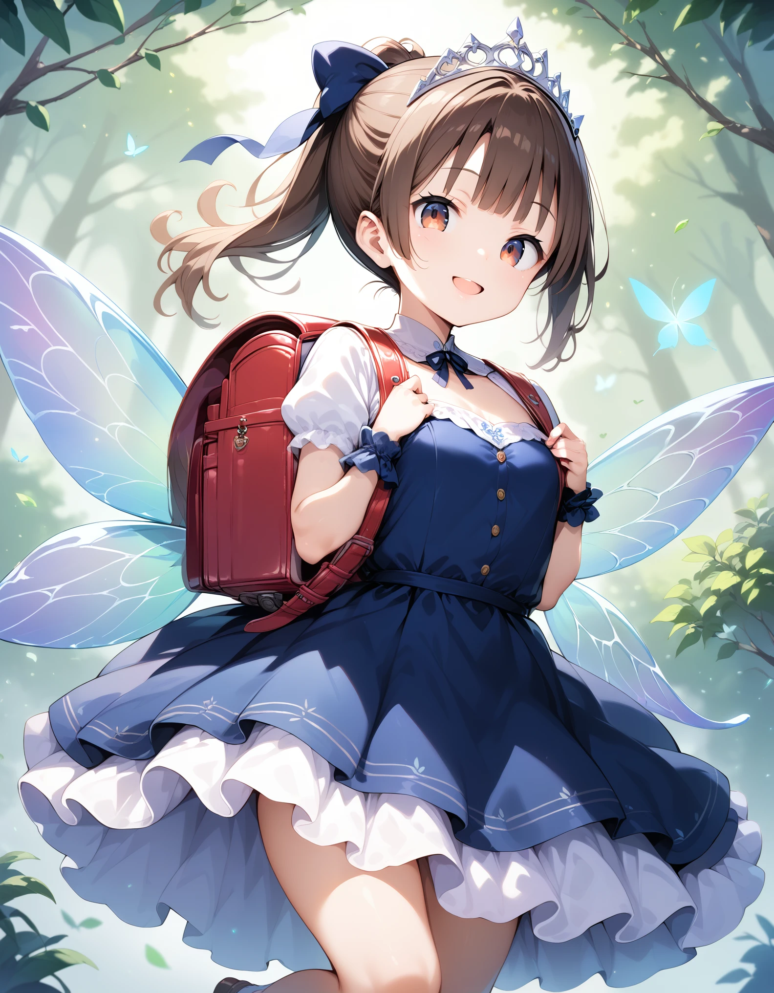 Masterpiece, hd, realistic, 1girl, 16 y.o, high school girl, brown hair, ponytail, hair ribbon, beautiful girl, smiling, regal, (fairy dress),Lolita dress, vibrant, vivid, (bows), brown hair, ponytail, wearing Tiara, costumes, wearing school backpack, red backpack, wearing randoseru backpack, flying, outdoor, have wings, a girl has wings