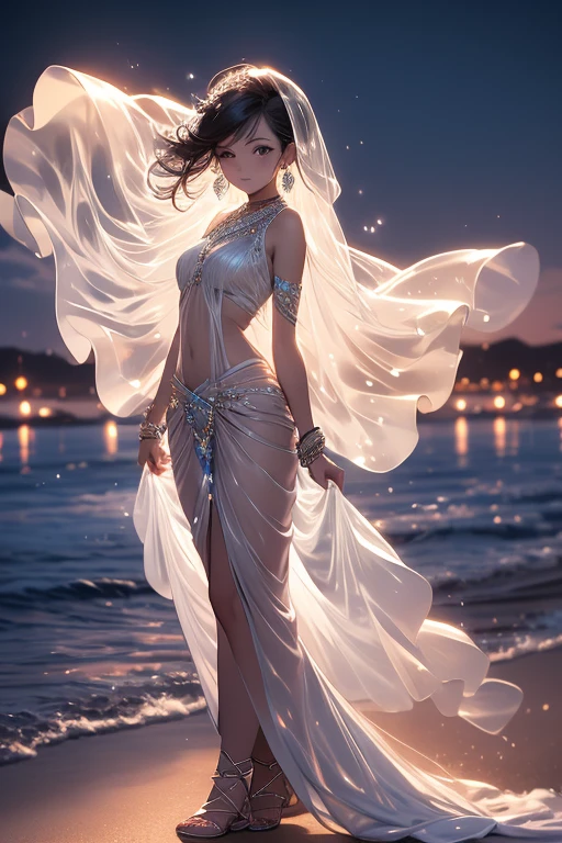 Outdoors, Full Moon, Galaxy, Bonfire
(Intense dancing:1.2)
(Floating hair, floating clothes, strong wind, :1.2)
(Close  eyes, smile, open your mouth:1.2)
arabian clothes, (revealing clothes:1.3), 
Nave, l shoulder,  armpit,  thigh,  Under the bast,
(long loincloth),
(see-through shawl),
(see-through long scarf),
(wrap see-through cloth),
(See-through Wedding veil),
bracelets, earrings, anklets, bangles, circlets,(hair ornaments),
Accessories, bracelets, jewelry, gemstones, brooches, necklaces, anklet, tassel,
 ((Official Art)),
delicate beauty girl, (ars_old girl), silver hair, (gradation colored hair silver:1.6 pale blue:0.4), (extreme long hair), bang, french_braid, 
beautiful face,perfect face,highly detailed beautiful face and eyes,attractive face
Glossy skin,Smooth hair, shiny hair, clear skin, 
(skinny:1.2),(thin limbs), (ribs:0.8)