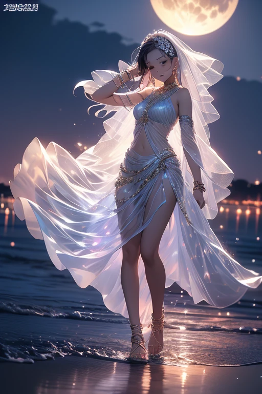 Outdoors, Full Moon, Galaxy, Bonfire
(Intense dancing:1.2)
(Floating hair, floating clothes, strong wind, :1.2)
(Close eyes, smile, open your mouth:1.2)
arabian clothes, (revealing clothes:1.3),
Nave, l shoulder, armpit, thigh, Under the bast,
(long loincloth),
(see-through shawl),
(see-through long scarf),
(wrap see-through cloth),
(See-through Wedding veil),
bracelets, earrings, anklets, bangles, circlets,(hair ornaments),
Accessories, bracelets, jewelry, gemstones, brooches, necklaces, anklet, tassel,
((Official Art)),
delicate beauty girl, (16years_old girl), silver hair, (gradation colored hair silver:1.6 pale blue:0.4), (extreme long hair), bang, french_braid,
beautiful face,perfect face,highly detailed beautiful face and eyes,attractive face
Glossy skin,Smooth hair, shiny hair, clear skin,
(skinny:1.2),(thin limbs), (ribs:0.8)