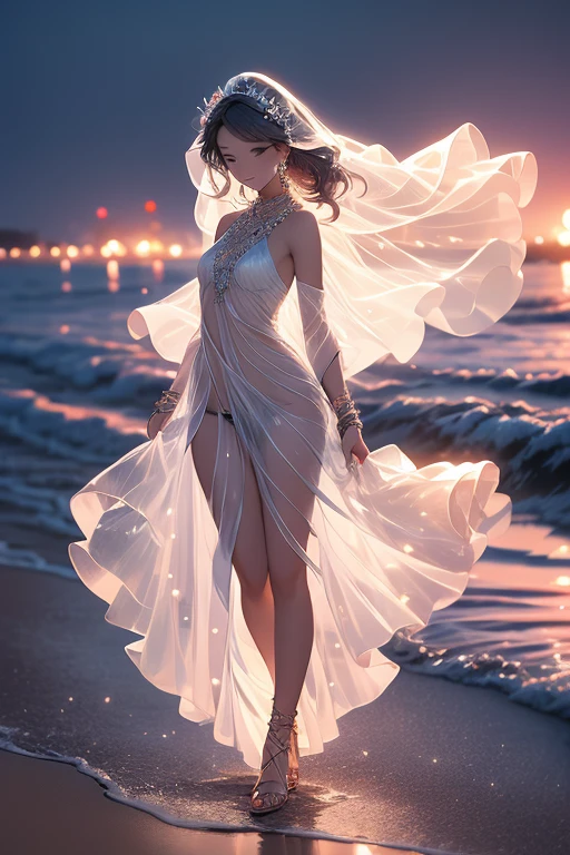 wearing white shirt、White long-haired anime girl wearing a flower crown, snow scene,A beautiful anime portrait,masterpiece, a girl, cloud girl, cloud, rich and colorful, Transparent body,shiny,Full body female love,long skirt,white top,Green dress,transparent clothes,Elven Wings,red ribbon