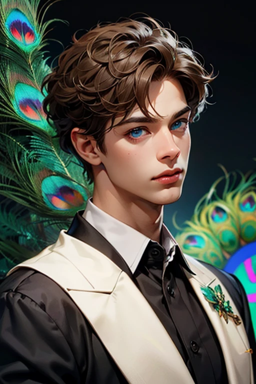 (photorealism:1.2)A young man with short, curly brown hair, dark skin and peacock blue eyes