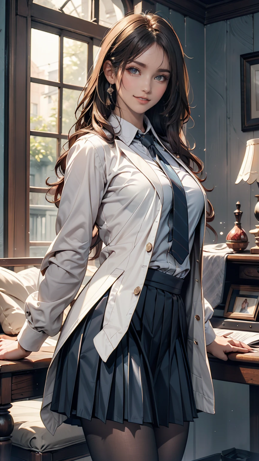 masterpiece, Highest quality, Very detailed, One person, Alice, White jacket, White shirt, Blue tie, Pleated skirt, Hello, indoor, smile 