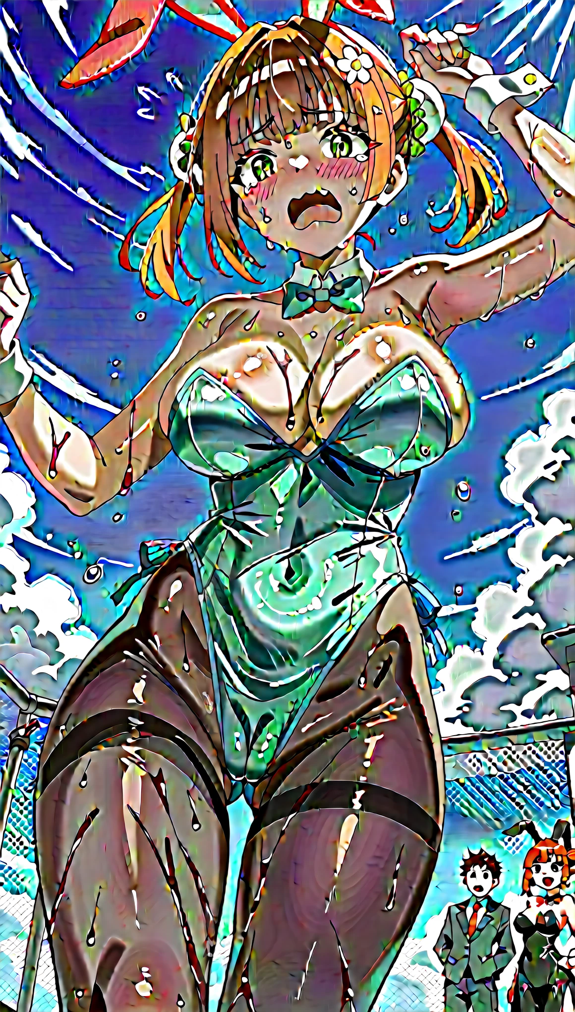 score_9, score_8_Excellent, score_7_Excellent, sauce_anime, Iruka Sakimiya, Redhead, (Green Eyes, one side Excellent), Medium Hair, Green scrunchie, hair ornaments, Glowing Skin, evaluation_Explicit, Big Breasts, Big Ass, , Playboy Bunny, Embarrassing, (Tears in my eyes:1.2), Wet clothes, Camel Toe, Dynamic pose, 