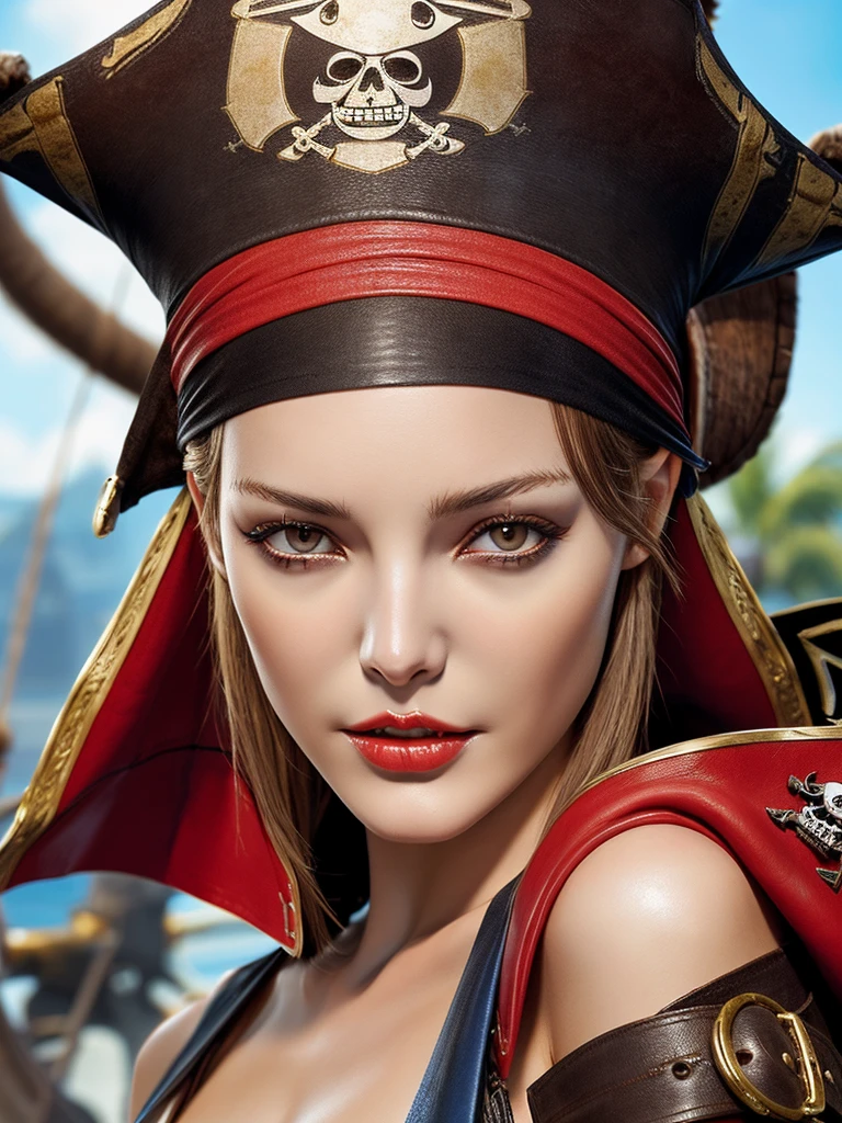 18 year old fashion model [[[[close cleavage]]]], [[[[Big breasts]]]], [[[[Call]]]], [[[[shoulder]]]], perfect eyes, perfect iris，perfect lips，perfect teeth，perfect skin，Have fair skin.，HDR，leather girl，(((Beautiful and glamorous pirate girl)))，(delicate face)，(High definition face)，delicate face，(((red pirate costume)))，(((Tricorn Joe's hat