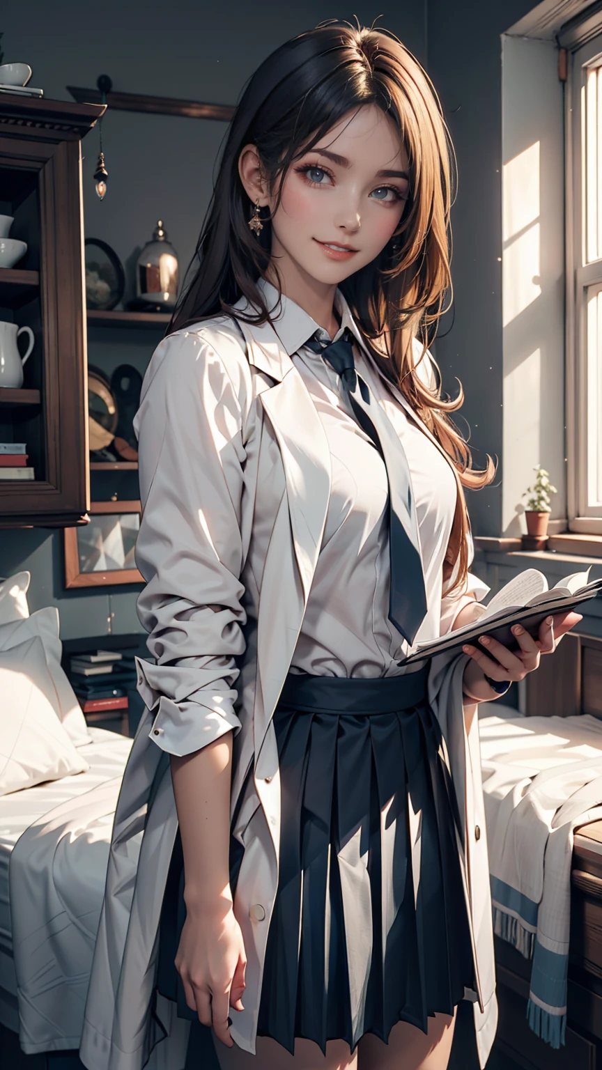 masterpiece, Highest quality, Very detailed, One person, Alice, White jacket, White shirt, Blue tie, Pleated skirt, Hello, indoor, smile