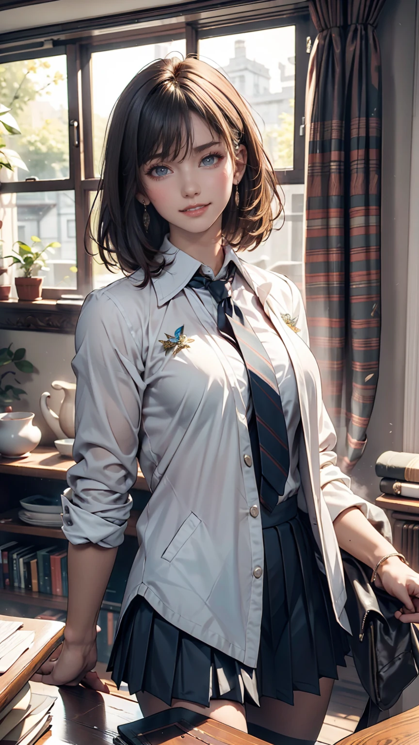 masterpiece, Highest quality, Very detailed, One person, Alice, White jacket, White shirt, Blue tie, Pleated skirt, Hello, indoor, smile