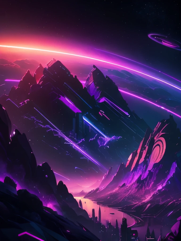 a dark background with a purple and yellow sunset and mountains, cyberpunk art by Beeple, tumblr, space art, jen bartel, cosmic ambient, dark neon colored universe, synthwave art style ]!!, synthwave art, violet planet, fantasy and dreams vibes, ✏️🎨, futuristic art style, 🚀🚀🚀, style hybrid mix of beeple