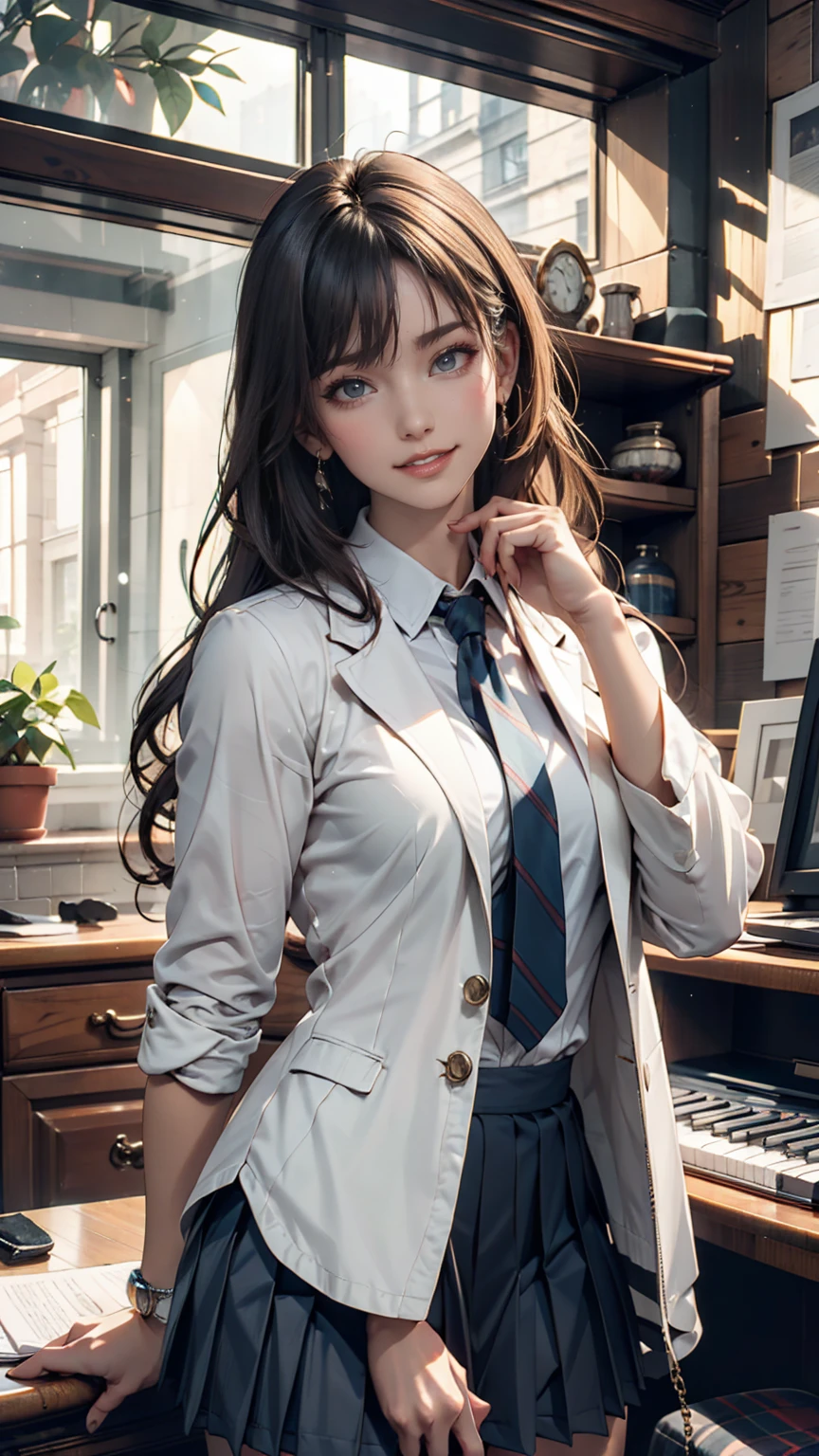 masterpiece, Highest quality, Very detailed, One person, Alice, White jacket, White shirt, Blue tie, Pleated skirt, Hello, indoor, smile