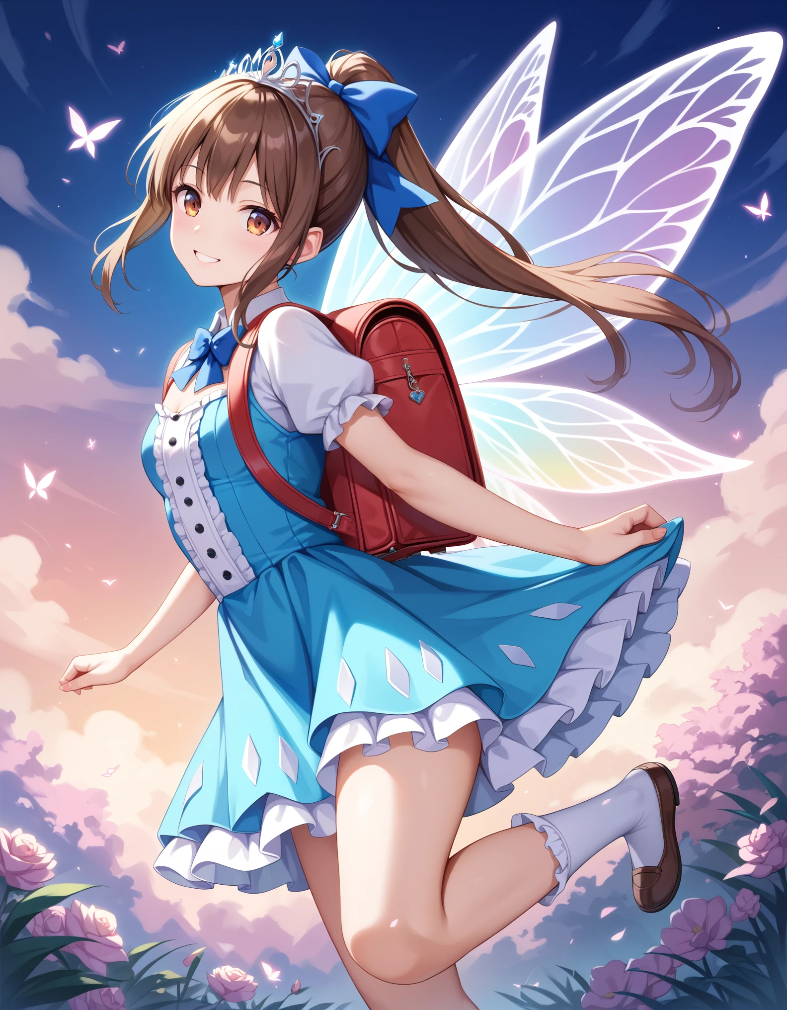 Masterpiece, hd, realistic, 1girl, 10 y.o, cute girl, brown hair, ponytail, hair ribbon, beautiful girl, smiling, regal, (fairy dress),Lolita dress, vibrant, vivid, (bows), brown hair, ponytail, wearing Tiara, costumes, wearing school backpack, red backpack, wearing randoseru backpack, flying, outdoor, have wings, a girl has wings
