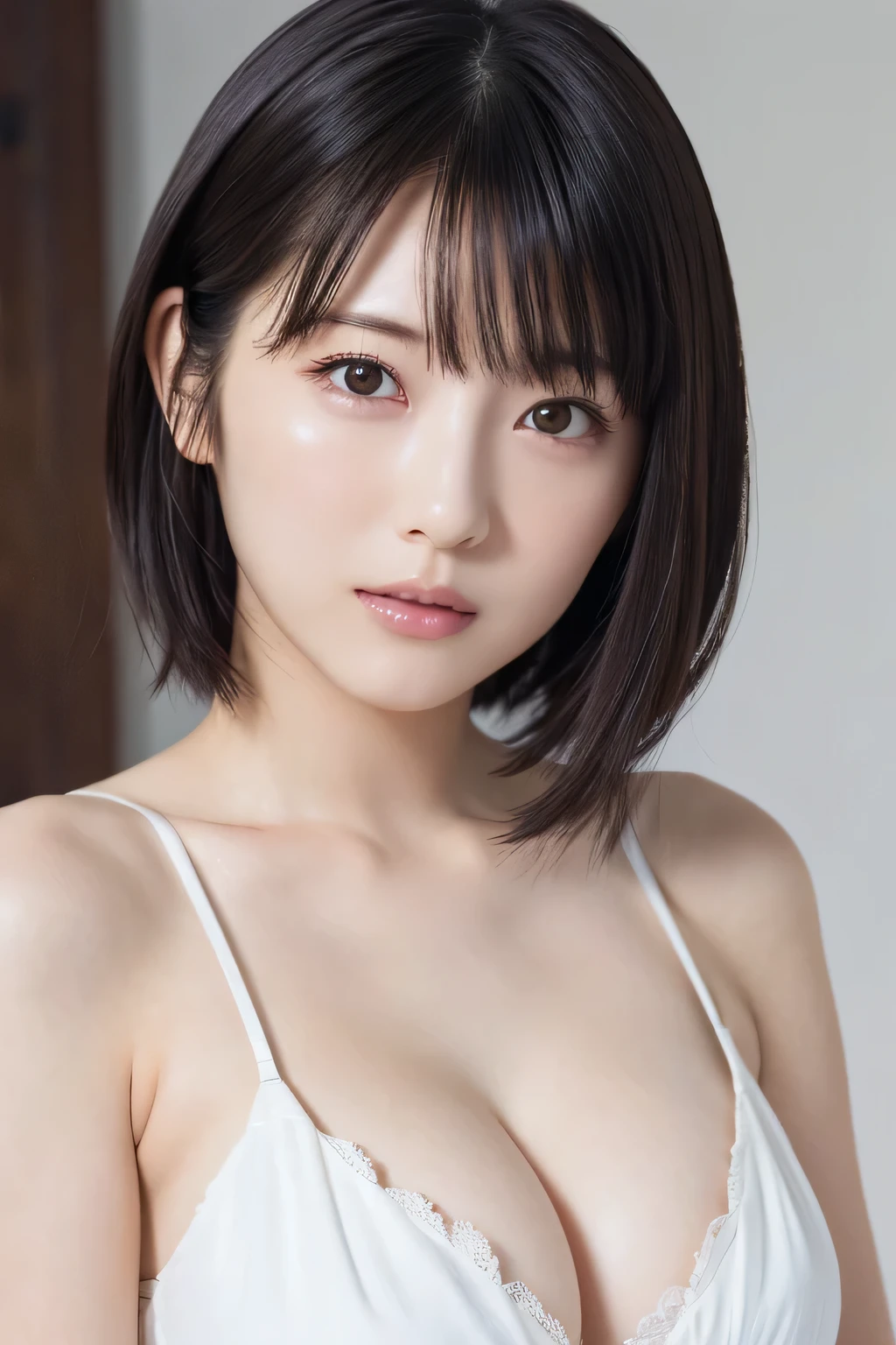 (Super Beauty:1.2), A clean-cut woman, masterpiece, Highest quality,uniform, Great Skin, Delicate face, Emphasize the breasts, Young Face, Clean look, Sparkling eyes, double eyelid, Ample breasts、 ((High resolution)), ((Highly detailed CG Unity 8K wallpapers)), short hair, bangs, Elegant rounded bob,, captivating and mesmerizing, Dimly lit room, sentimental、