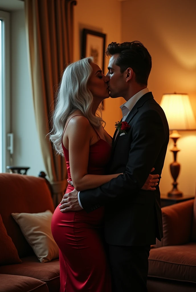 Sexy 80 years old busty woman kissing 25 years young handsome man, sofa , living room , romance, Full body