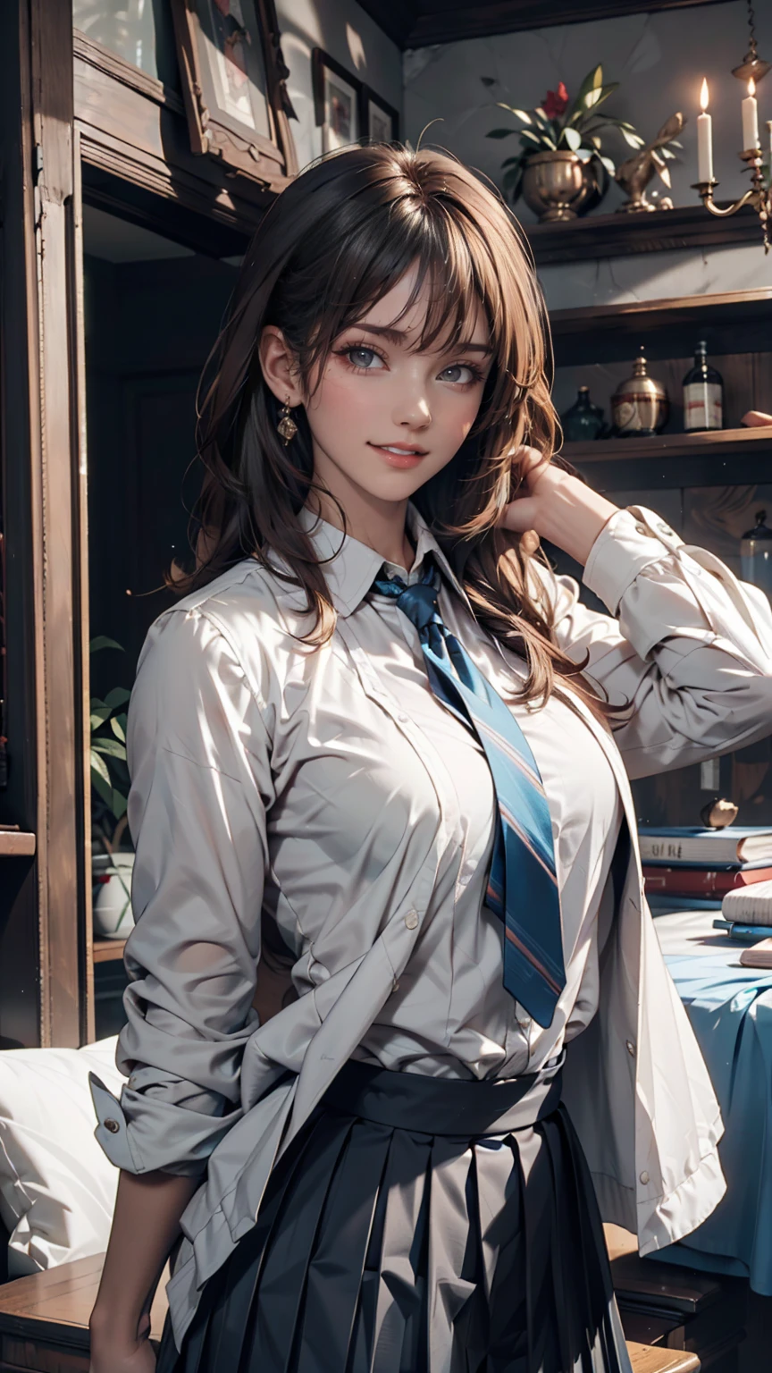 masterpiece, Highest quality, Very detailed, One person, Alice, White jacket, White shirt, Blue tie, Pleated skirt, Hello, indoor, smile