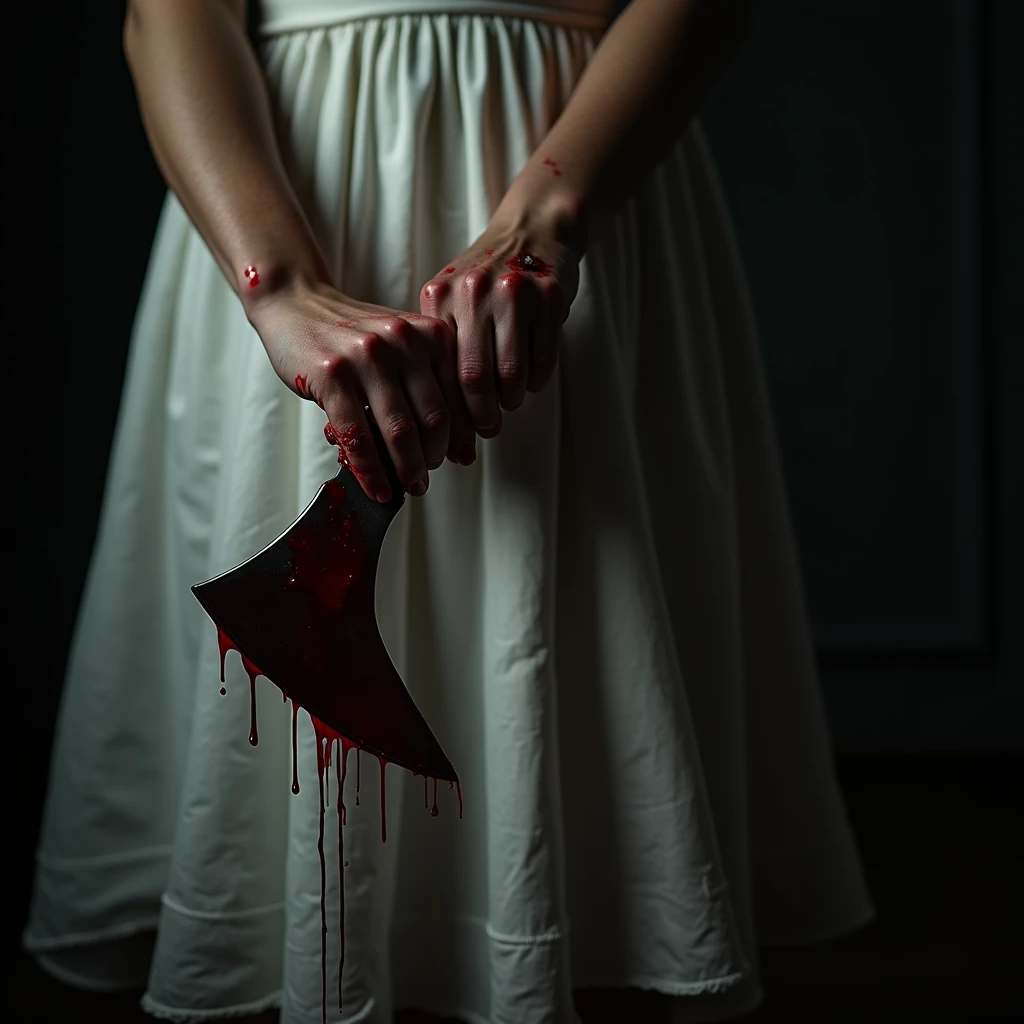 (a woman's closeup hands gripping a bloodied hatchet handle:2.0), white dress heavily stained with blood:1.5, blood dripping, horror,dramatic lighting,chiaroscuro,gritty,dark,moody,realistic,detailed,hyper-realistic,4k,8k,highres,masterpiece:1.2,ultra-detailed,realistic:1.37,professional,vivid colors,dramatic shadows
