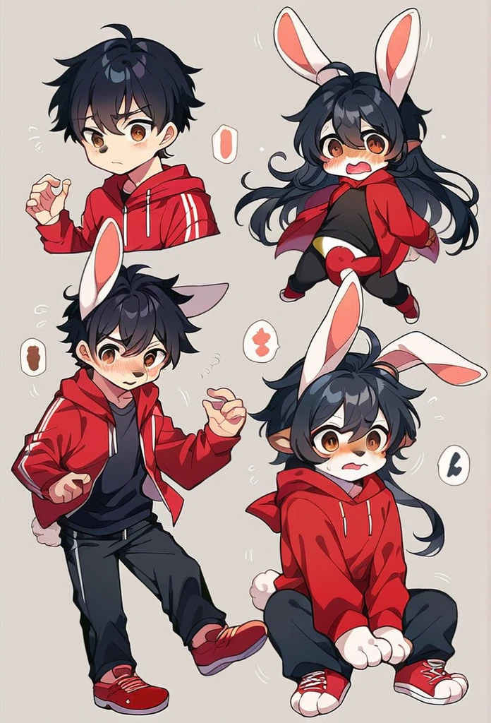 a man get transformed into a cute bunny furry, red baseball cap, black shirt, red hoodie, black sport pants, red sport shoes, long hair, black hair, brown eyes, embarrassed, surpriced, blushed, bunny ears, bunny tail, furry, cute, kawai, reference sheet, multiple views, transformation, chibi