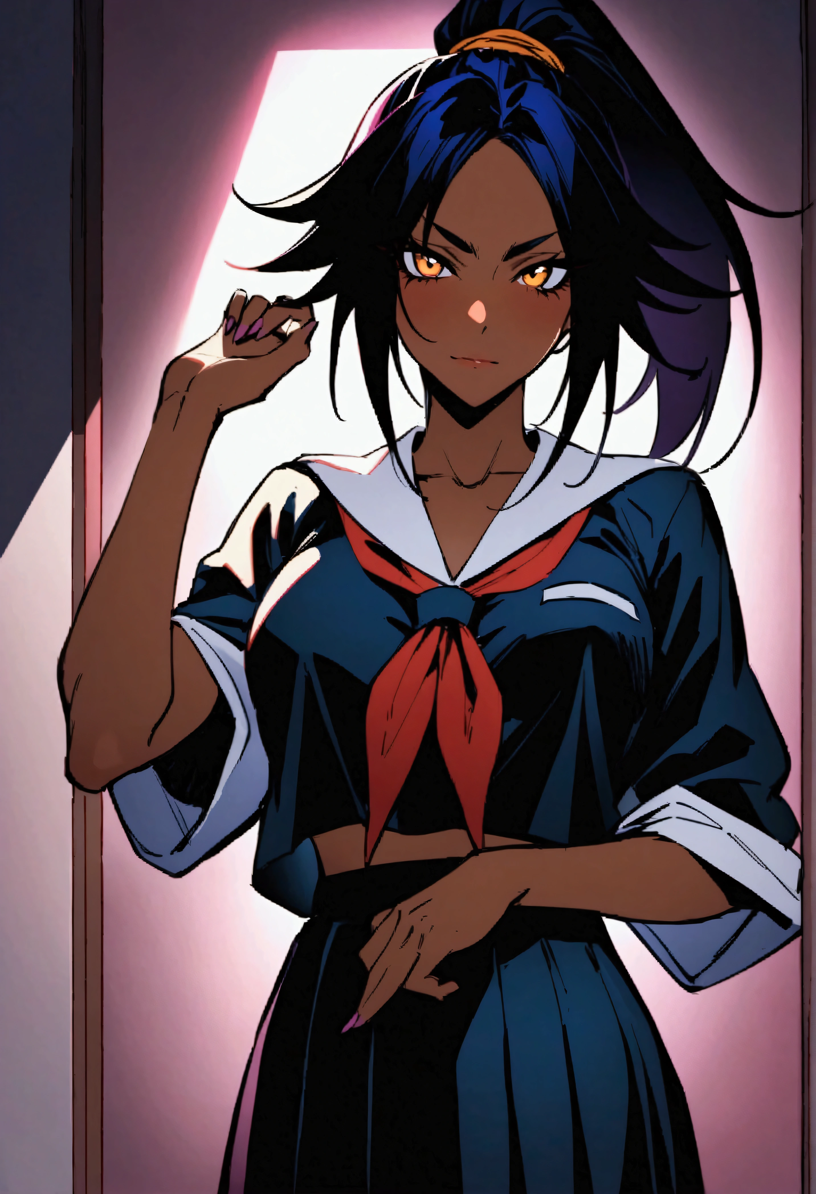 Highest quality、Masterpiece、Super detailed、Yoruichi\(Bleach\),school uniform