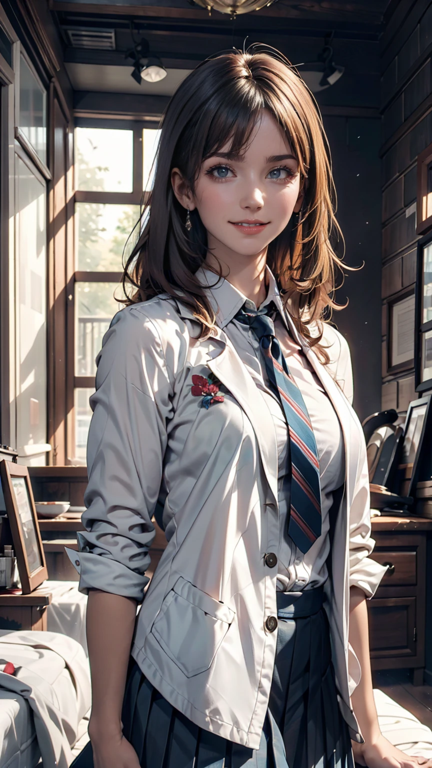 masterpiece, Highest quality, Very detailed, One person, Alice, White jacket, White shirt, Blue tie, Pleated skirt, Hello, indoor, smile