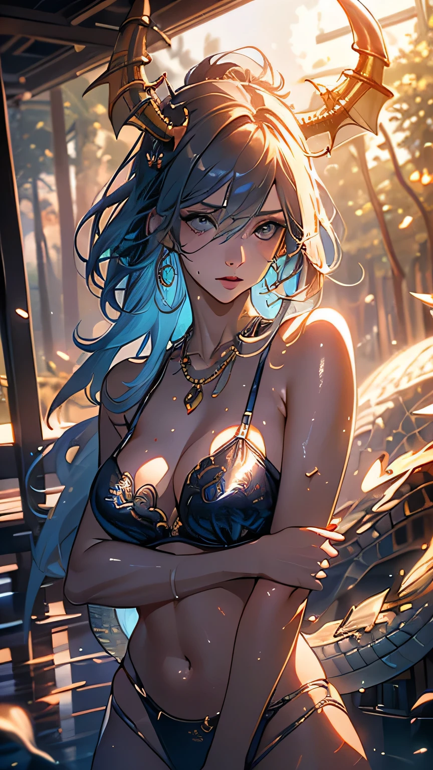 Highest quality, artwork, Ultra-high resolution, (Realistic: 1.4), RAW Photos, 1 person, Light brown hair, Bob Hair, Glowing Skin, Your body is wet, Fish in the water, Dramatic lighting, whole body,, Bra Blue, Blue Thong, small, 15-year-old female, artwork, Slouching posture, (((Has dragon scales on some parts of its body, And the dragon&#39;s wings closed on his back)))
