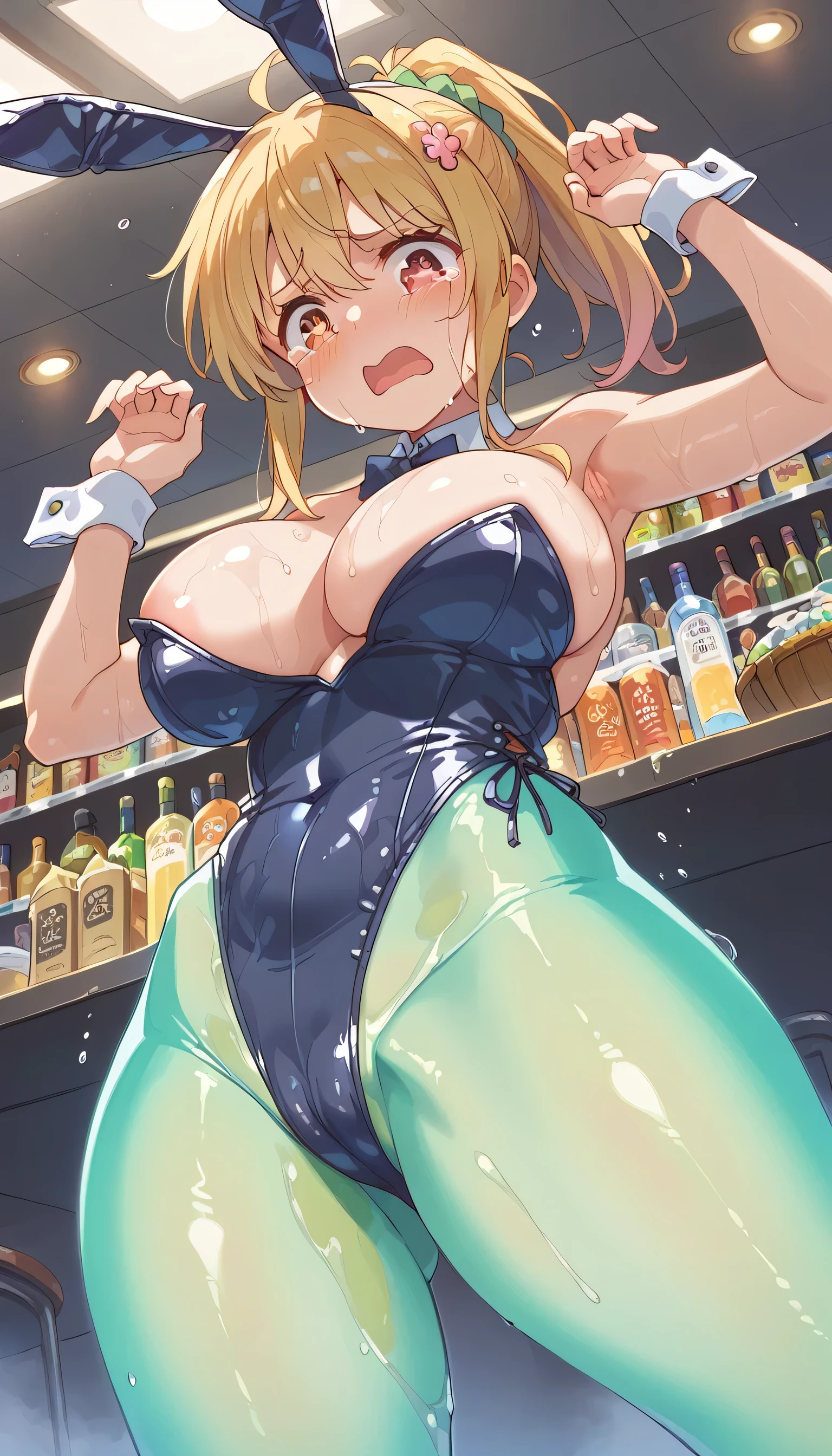 score_9, score_8_Excellent, score_7_Excellent, sauce_anime, Iruka Sakimiya, , Green scrunchie, hair ornaments, Glowing Skin, evaluation_Explicit, Big Breasts, Big Ass, , Playboy Bunny, Embarrassing, (Tears in my eyes:1.2), Wet clothes, Camel Toe, Dynamic pose,