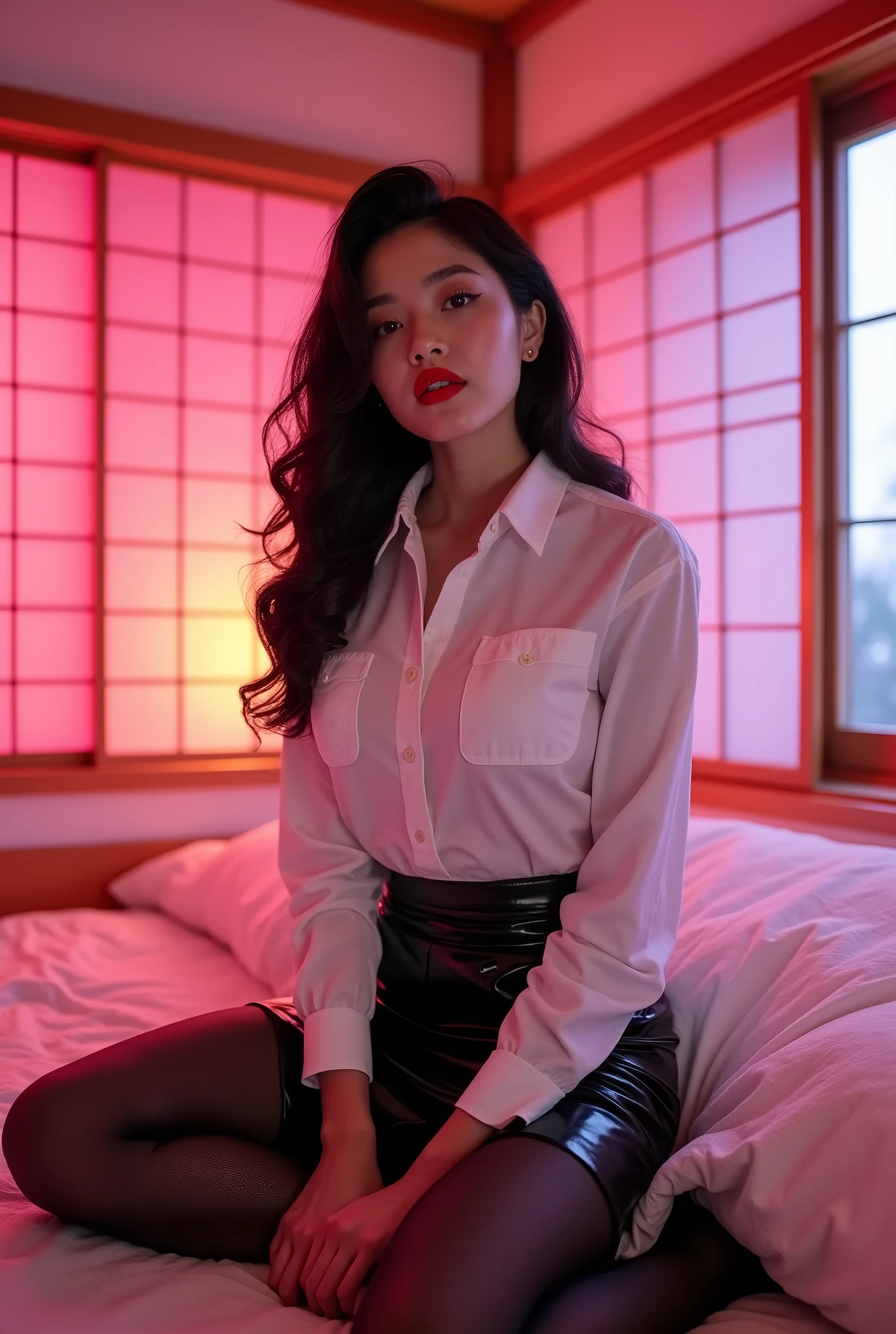 ((Korean Sexy Idol)) 35 talents ((Plump, bright red lips with lipstick)) round face Heavy makeup Big Breasts Plump Brown hair short hair ((Looking into the camera)) Sit with your legs apart ((White button-up shirt with black patent leather tight skirt and black stockings)) Skin and chest drenched in sweat (Sit on the futon with your legs spread open.) look down ((A bedroom with shoji and tatami mats lit up in pink neon lights)) Shooting from a camera angle seen from the floor