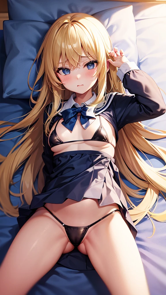 ,cute,bed,Micro Bikini,From above,night,Blonde,,schoolgirl,Lying down,Spread your legs,Fantasy World,Embarrassed,Troubled face